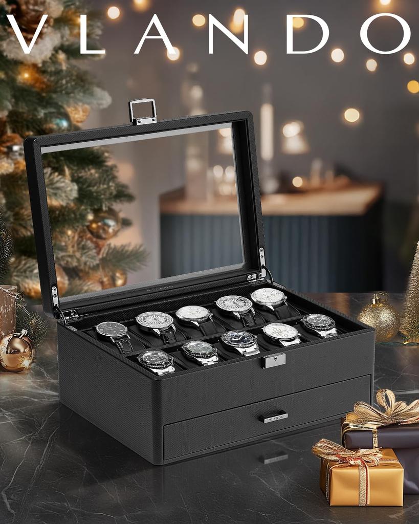 Vlando PU Чехол для часов, Вмещает 10 часов, Двухуровневый дизайн, Мужская коробка для хранения, Футляр для аксессуаров, Витрина, Органайзер, Подарок на день рождения