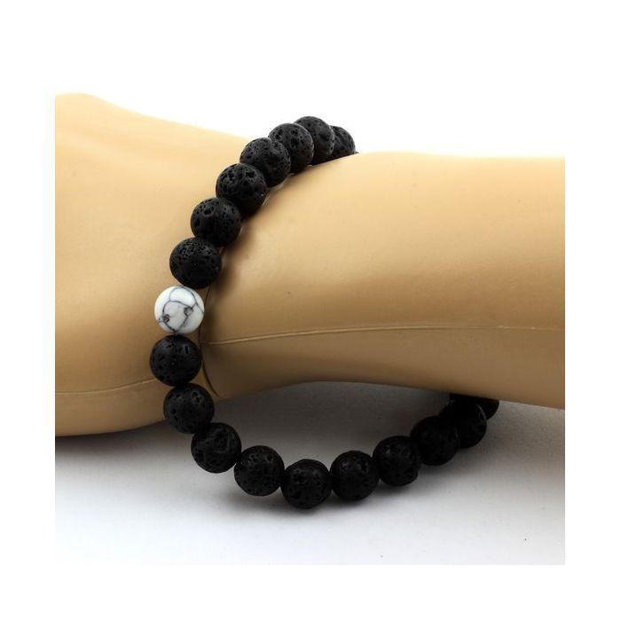 Pierres et Minéraux. Bracelet Perles Lave + Howlite 8 mm. Fabriqué en France.