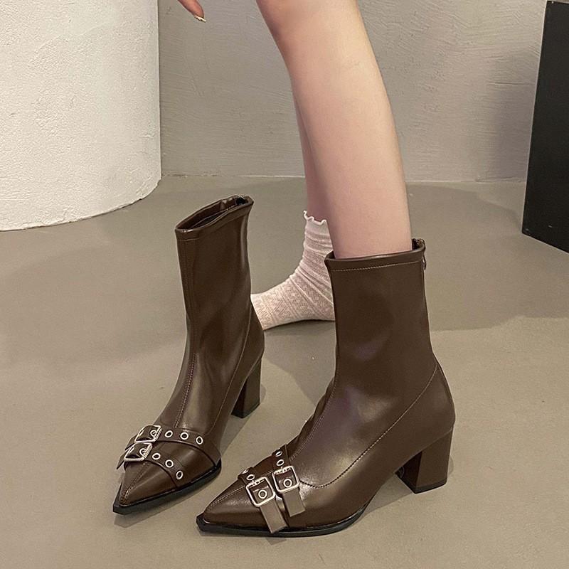 Женские короткие ботинки на остром толстом каблуке, новые осенне-зимние эластичные тонкие ботинки в стиле ретро на высоком каблуке и ботильоны, модные ботинки Мартин