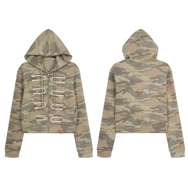 Magic Bear American Retro Camo Zip Hoodie Slim Fit Short Sweatshirt Teens