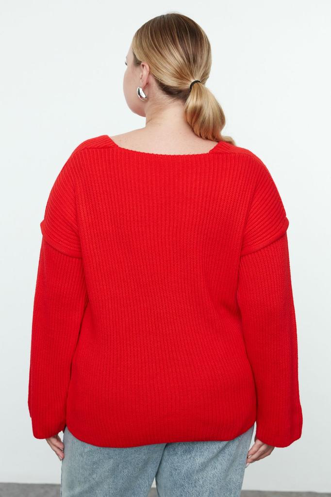 Женский модный стильный свитер больших размеров, красный вязаный свитер с вырезом лодочкой и детальной строчкой