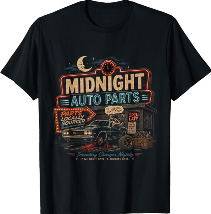 Midnight Auto Parts Neon Garage Mechanic Humor T-Shirt