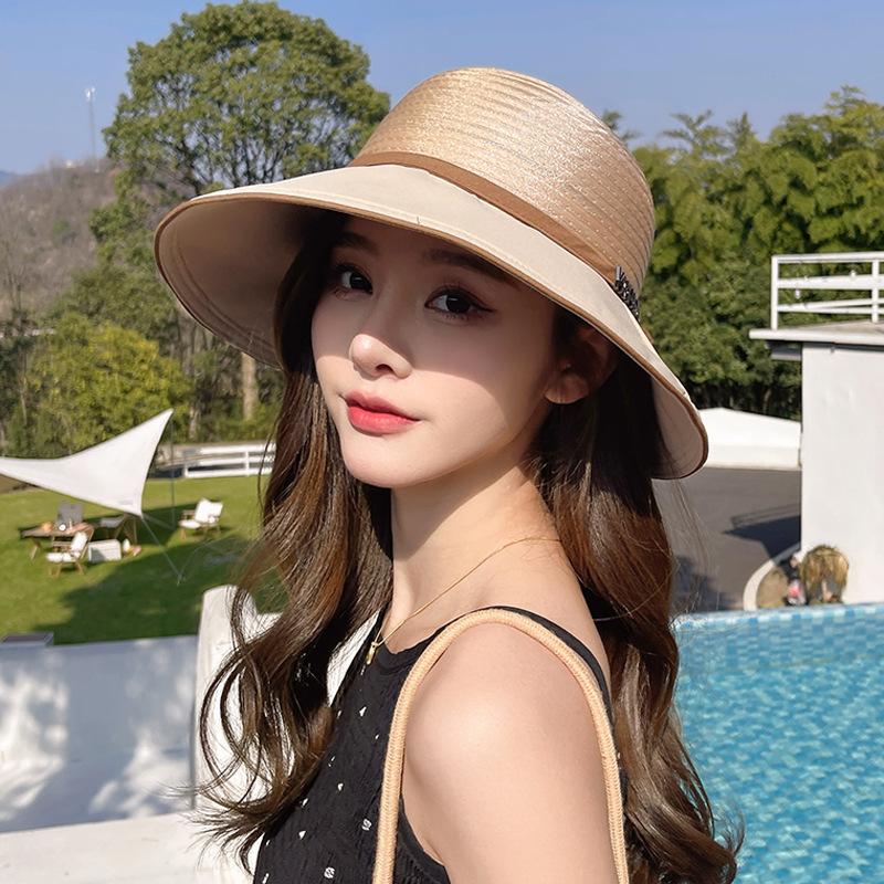Sun hat women's summer new straw splicing fashion versatile bucket hat big edge sun protection and UV protection sun hat