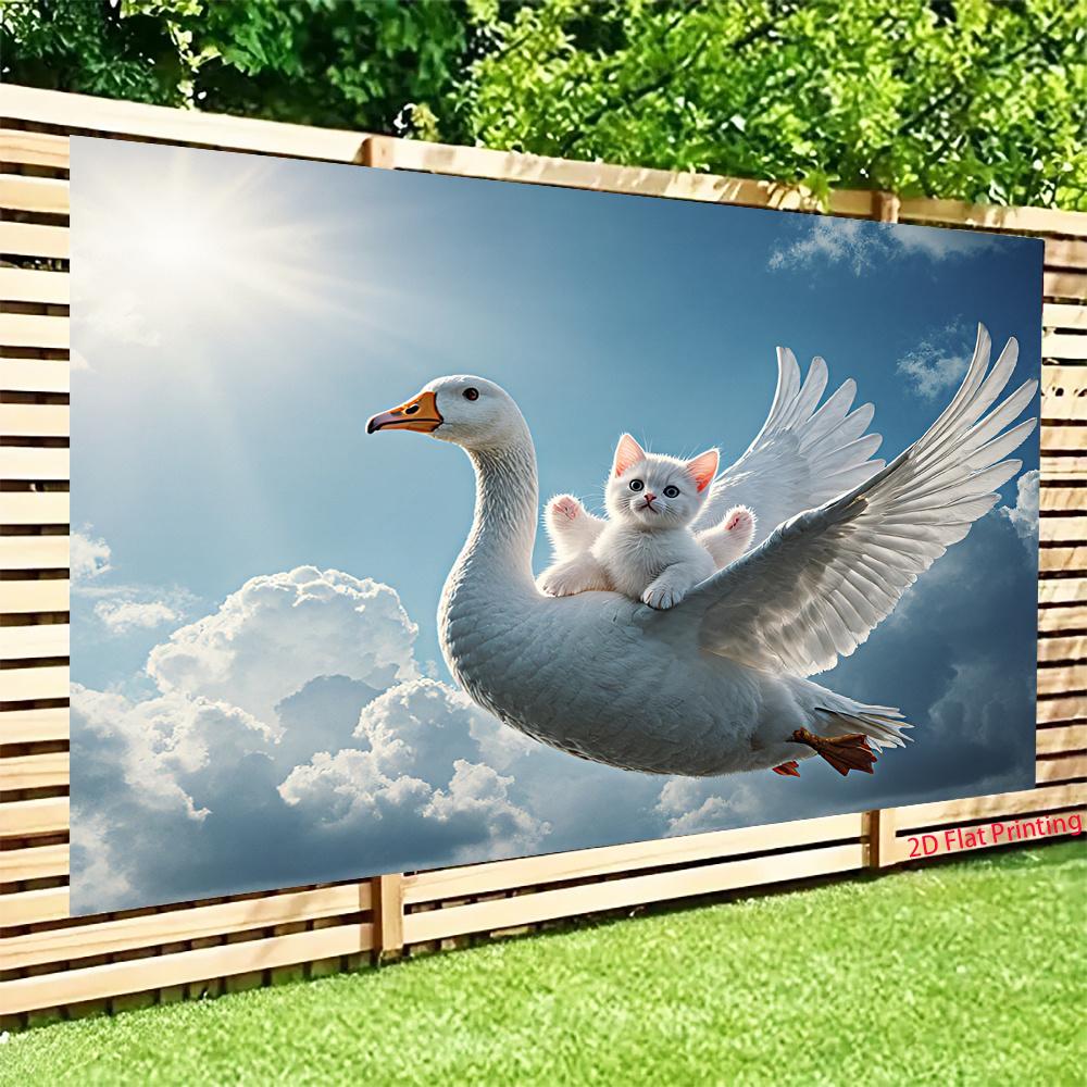 2D plane white cat riding wild goose flying background cloth party holiday decoration Room decoration polyester