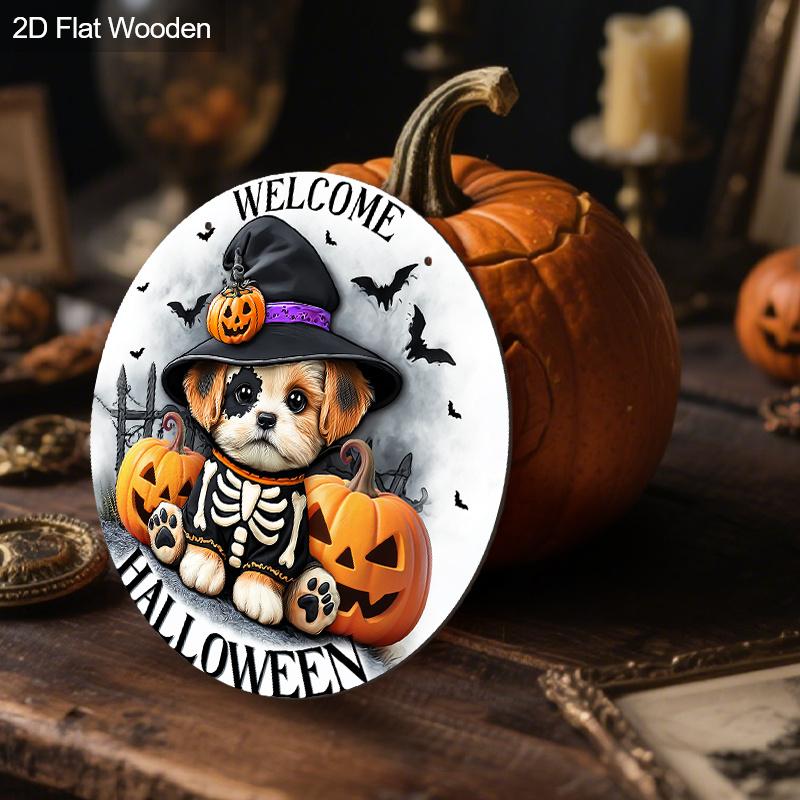 Halloween Wooden Welcome Sign with Dog & Pumpkin Pattern - Charming Figurine Ornaments - Ideal for Front Door, Wall, Room Decor