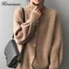 Hirsionsan Turtle Neck Autumn Winter Cardigan Sweaters Women Cashmere Single-breasted Soft Loose Solid Female Knited Jumper