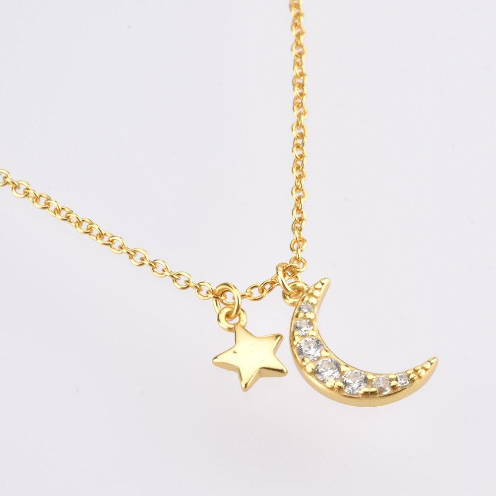 925 Sterling Silver Gold Zircon CZ Moon Star Pendant Charm Long Chain Necklace Women Wedding Jewelry Crystal Luxury