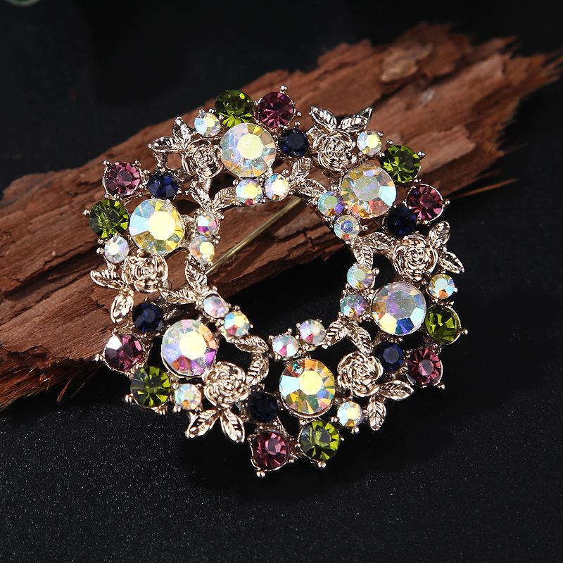 Luxury Vintage Crystal Color Gemstone Ribbon Flower Alloy Brooch Pin Corsage Accessories Brooch