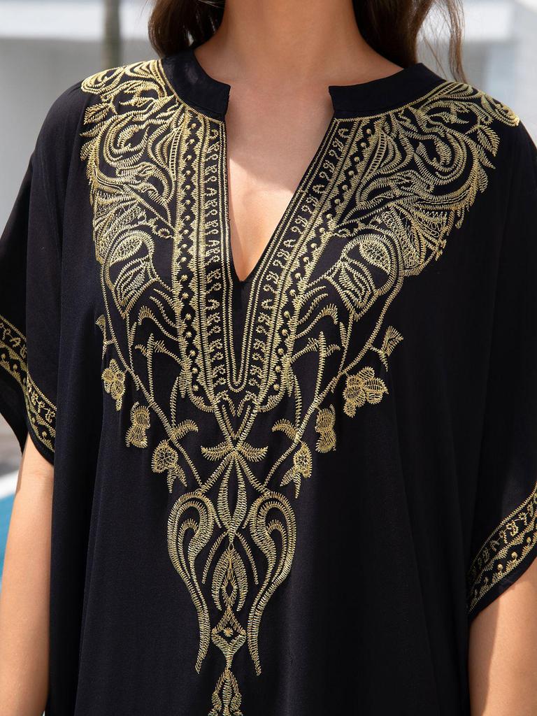 Women's Loose Long Beach Cover-up: Rayon Embroidery Bikini Sunscreen Robe