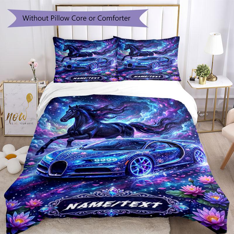 3PC Custom Name Galactic Horse Car Bedding Set Duvet Cover Closure Includes 1 Duvet Cover & 2 Pillowcases for Bedroom