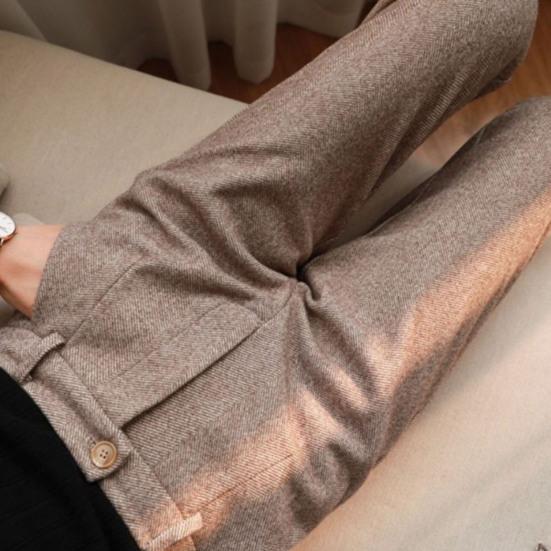 Women Suit Pants Herringbone Print High Waist Thick Warm Slim Fit Straight Soft Pockets OL Commute Formal Long Trousers Lady