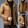 Men Jacket Lapel Long Sleeve Single Breasted Coat with Pockets Solid Color Reversible Design Polar Fleece Faux Leather Outwear
