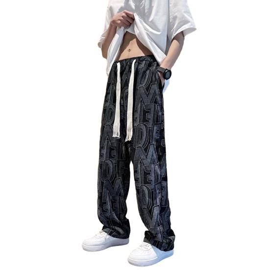 Men Pants Elastic Waist Adjustable Drawstring Wide Leg Casual Trousers with Pockets Letter Print Corduroy Pants