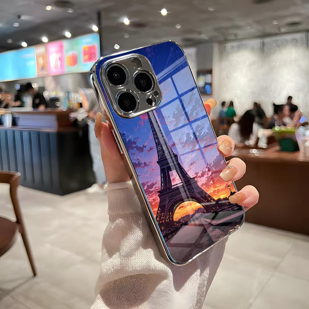 Чехол для телефона Эйфелева башня для iPhone 17 Pro Max 15 Pro 16 14 Plus 12 13 Mini 11 Pro Ударопрочный Электрооplated Стеклянная крышка