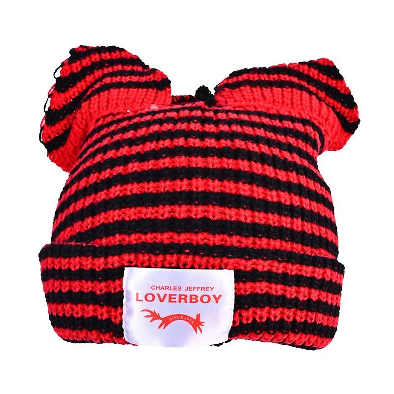 Womens Striped Knit Earflap Beanie Cute Cat Earmuff Hat Winter Warm Soft Pullover Cap