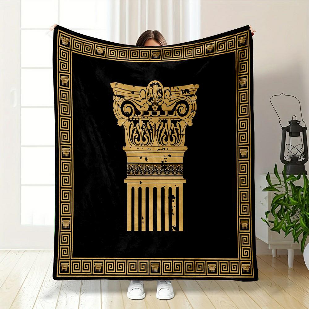 Greek Column Golden Design on Black Patterned flannel blanket perfect for the bedroom living room, sofa, or a little nap