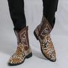 Designer Men's Retro Western Cowboy Boots Mens Leopard Patchwork Embroidery Mid-calf Leather Boot Designer Casual Shoes