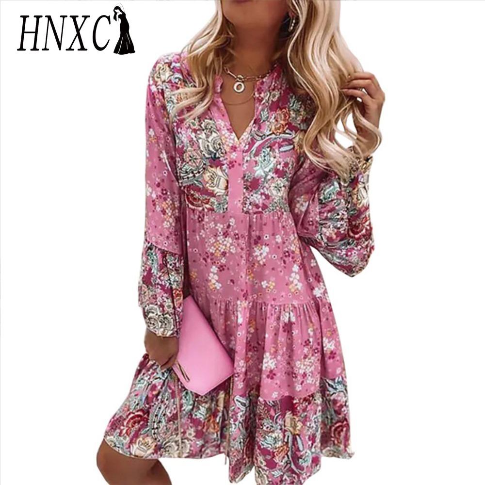 HNXC Женская мода богемный цветочный принт V-образный вырез мини платья повседневные свободные элегантные дамы пляжная вечеринка расклешенные рукава платье