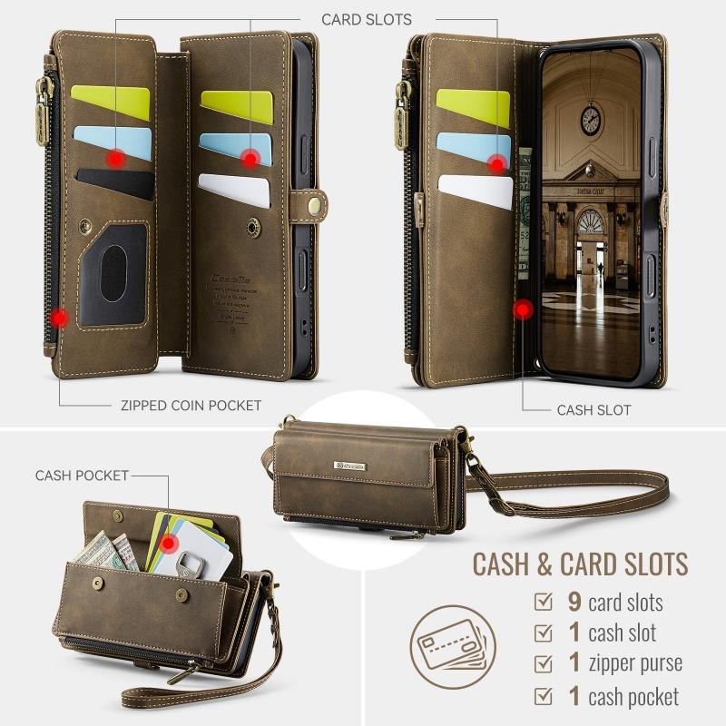 Чехол-бумажник с длинным ремешком из флип-кожи для Samsung Galaxy S26 Ultra S25 FE S24 Plus S23 S22 S21 A57 A17 A16 A56 A15 A55 A14 A54 с молнией и карманами для карт