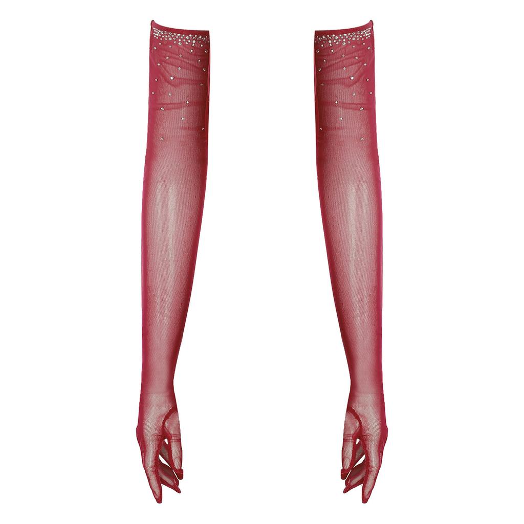 Womens One Pair Mesh Dance Gloves Glittery Rhinestones Five Finger Full Length Gloves Performance Accessory