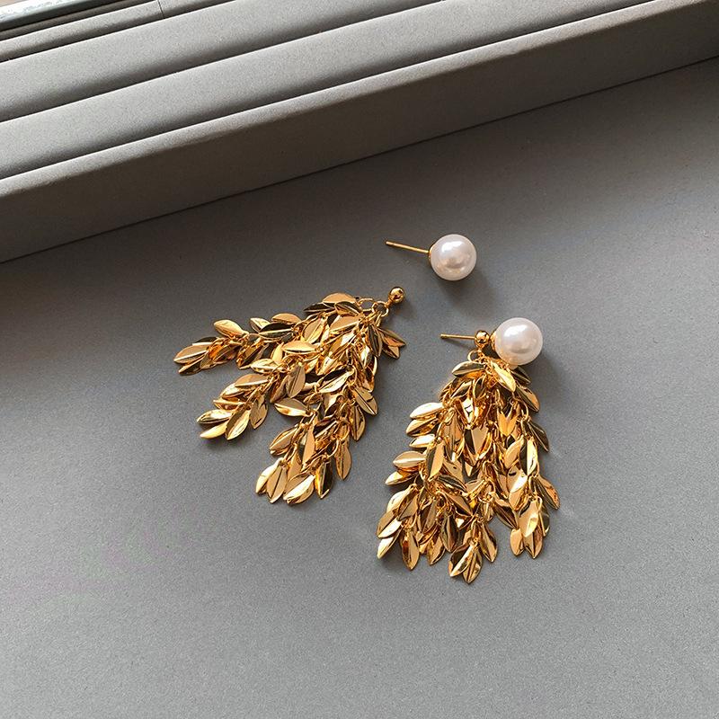 Aobai real hemp gray glass pearl earrings women's real gold electroplated wheat ear leaves fringed high-end stud earrings