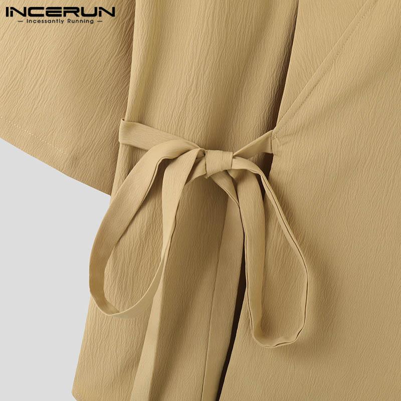 INCERUN Мужские топы с рукавами 3/4, свободные повседневные рубашки-кимоно со шнуровкой спереди