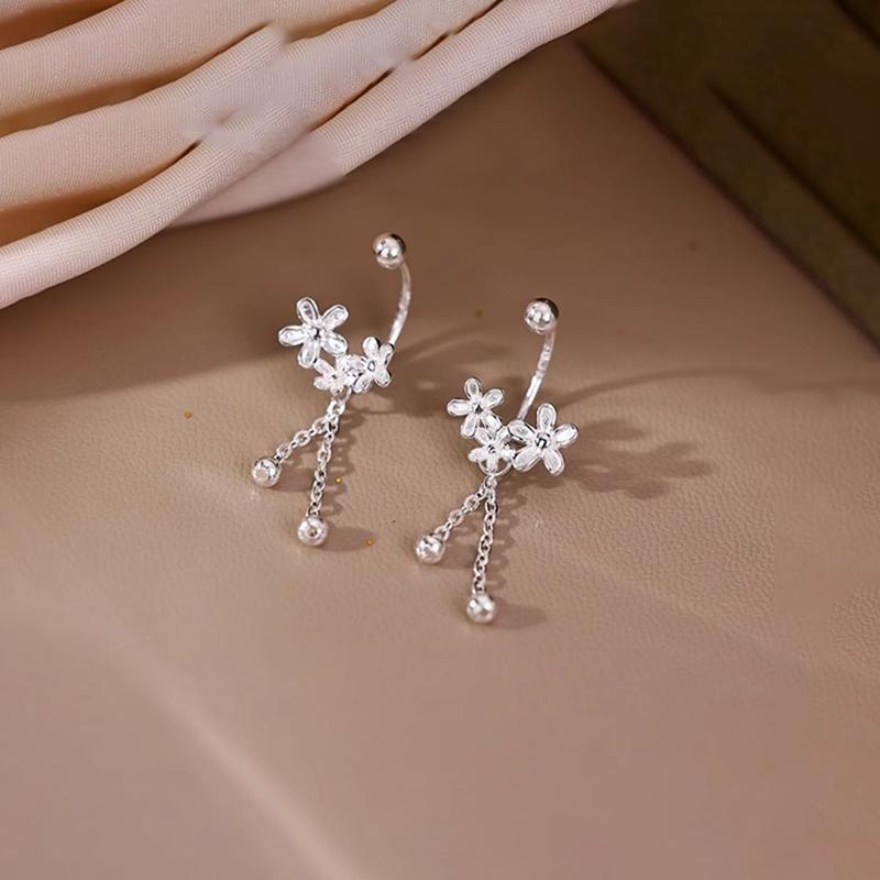 Real 925 Silver Flower Bead Screw Chain Tassel Plant Stud Earrings For Women Cute Fine Jewelry Light Accessories