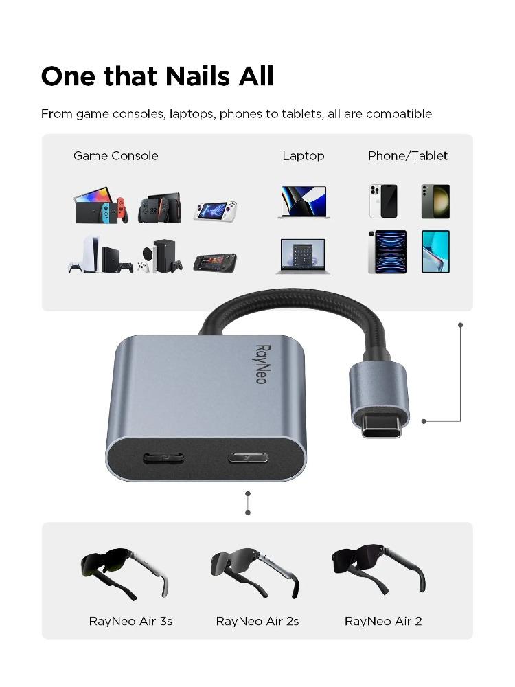 RAYNEO USB-C Adapter PD Fast Charging for RayNeo Air AR Smart Glasses Compatible with iphone 16/15 Type-C Interface Devices