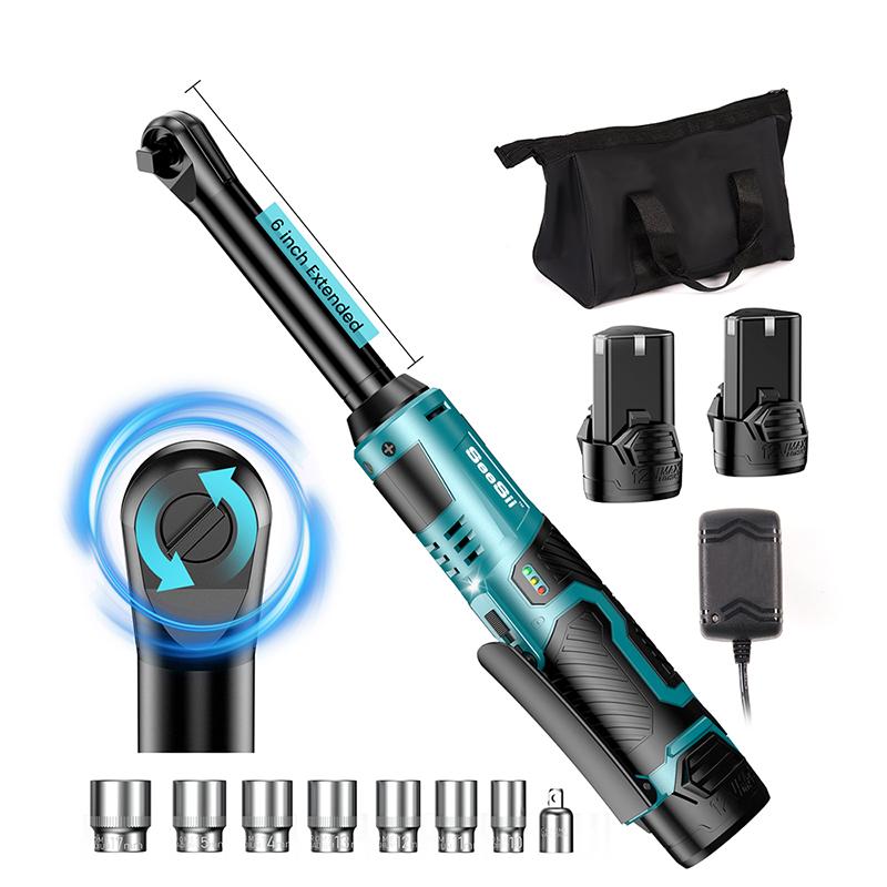 SEESII 6" Удлиненная трещотка 3/8" Аккумуляторный электрический гайковерт 55 Нм 12 В Перезаряжаемый угловой гайковерт Инструменты для ремонта автомобилей с 2 аккумуляторами