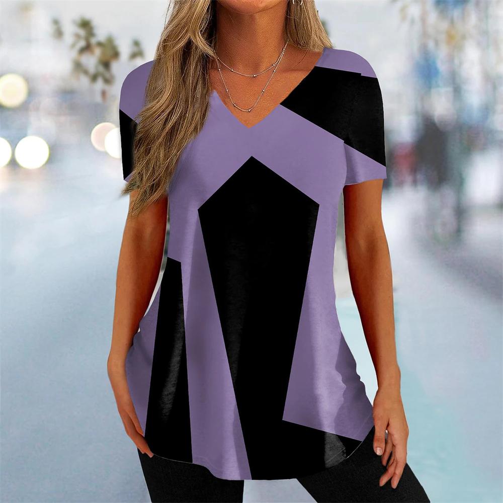 New Women's T-Shirt Curve Print V-Neck Fashion Streetwear Female Clothing Casual Summer Short Sleeve Pullover T Shirt for Women