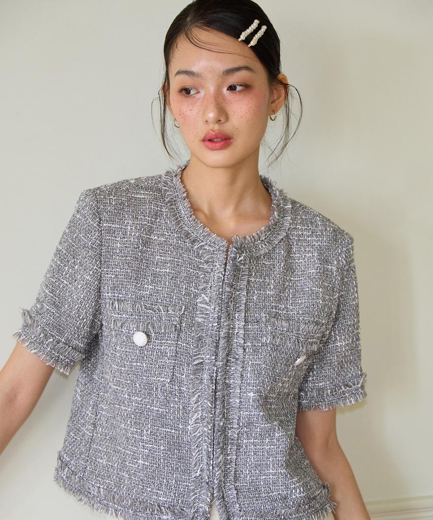 Salon De Yohn Tassel Tweed Short Sleeve Jacket_ Gray