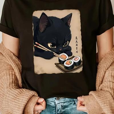 [Графическая футболка с кошкой и суши] Женская графическая футболка Повседневная с круглым вырезом С короткими рукавами Принт с кошками и суши Женская одежда