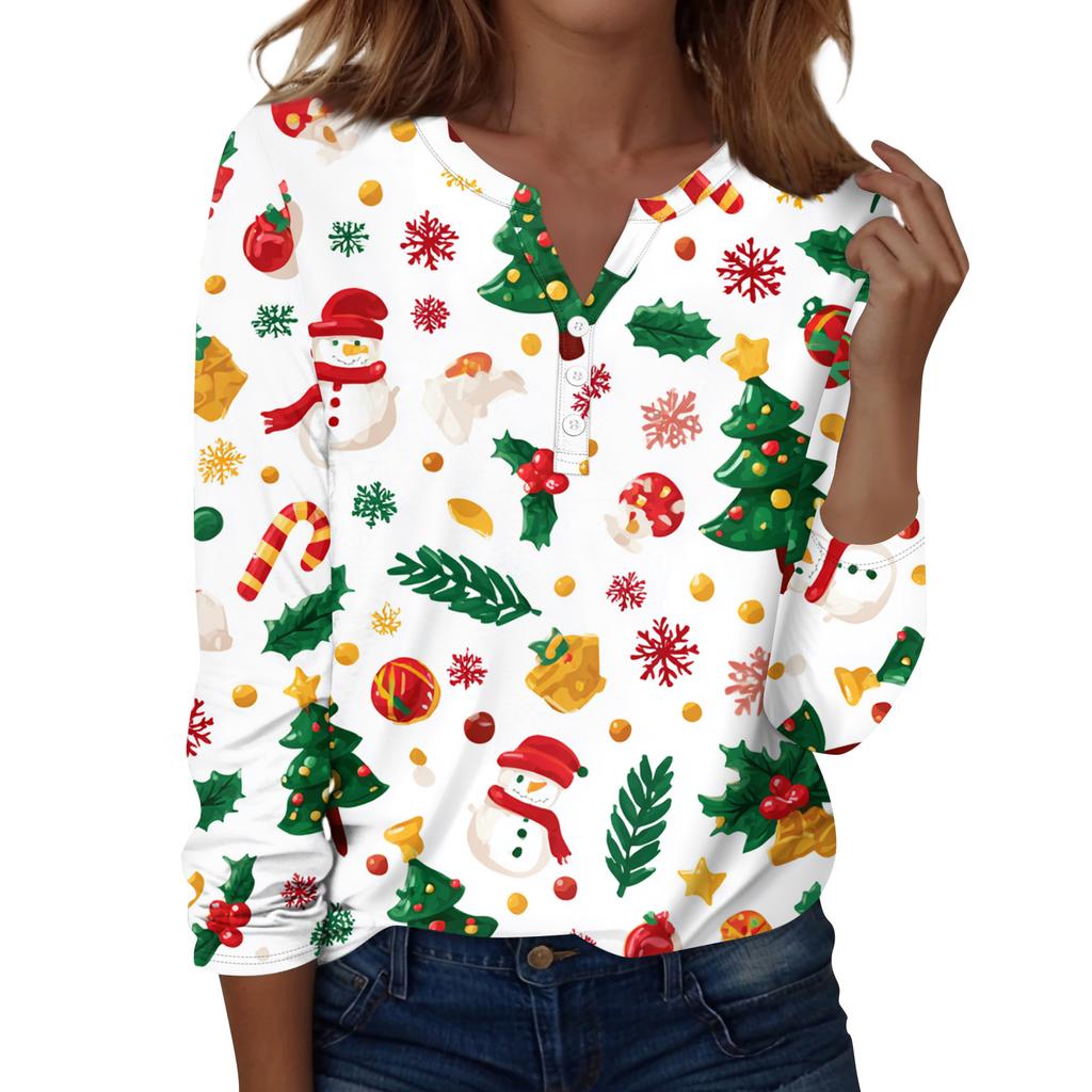 Women's Fashion Casual H Printed V-Neck Long Sleeve Decorative Button T-Shirt Tops