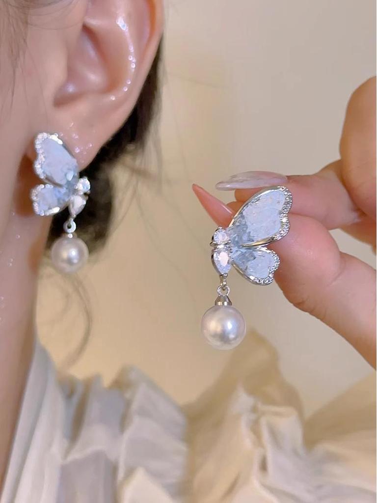 Уникальные серьги-пусеты из серебра 925 пробы с цирконом и жемчугом в виде бабочек для женщин - Высококачественная модная бижутерия