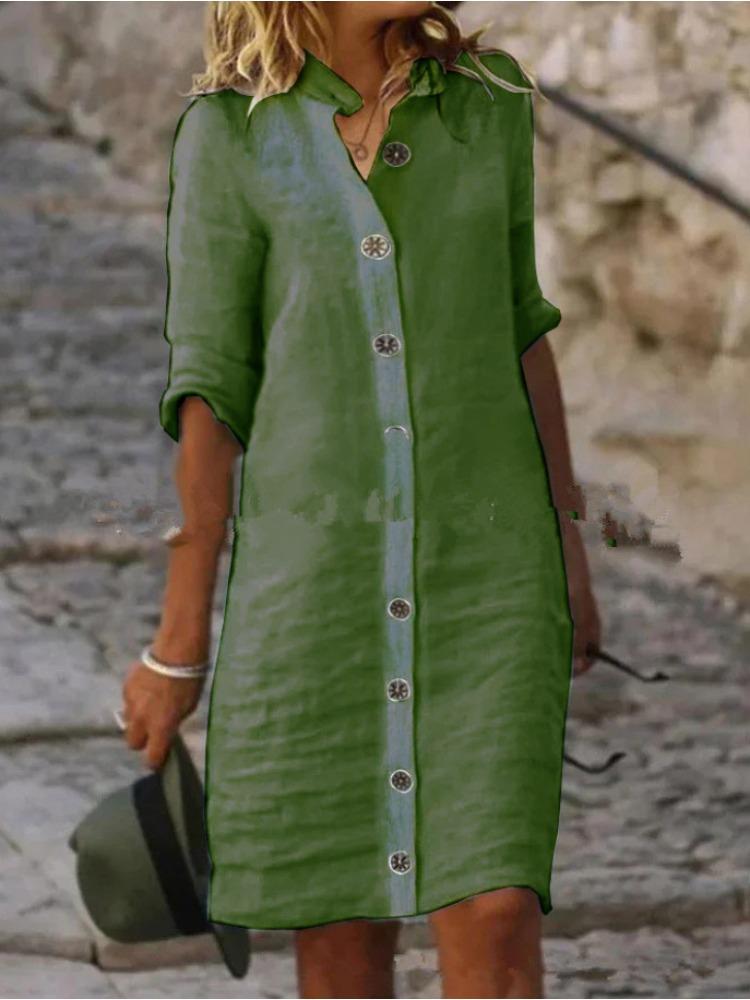 Женская рубашка на весну и лето, средний рукав, большая круглая пуговица, платье из хлопка и конопли