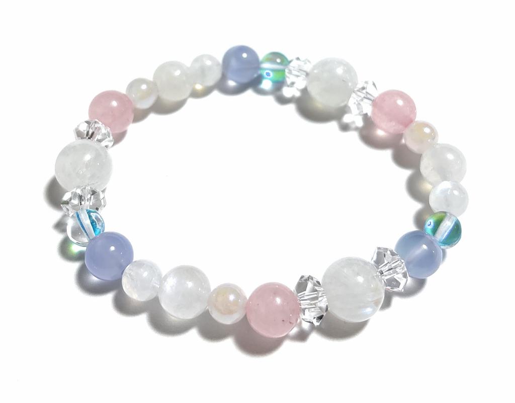 Исцеляющий, любовный, удачливый, голубой лунный камень, голубой кружевной агат, голубой топаз, цвет ауры, розовый кварц, кристалл, натуральный камень, браслет с мощным камнем, внутренняя часть 16 см, сделано в Японии