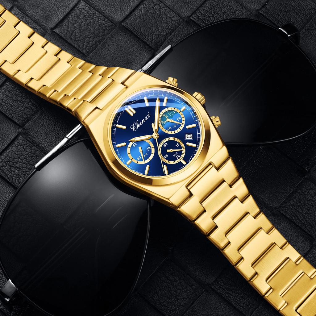 Модные часы-хронограф для мужчин, роскошные водонепроницаемые светящиеся часы с датой, золотые кварцевые мужские наручные часы Reloj Hombre