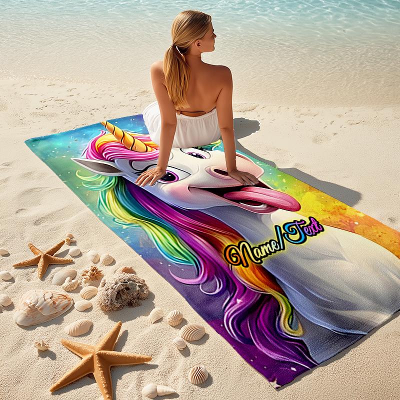 1PC Custom Name Rainbow Unicorn Fantasy Beach Towel Highly Absorbent And Sand-Resistant Towel for Swimming, Pool, Yoga, And Travel Lightweight