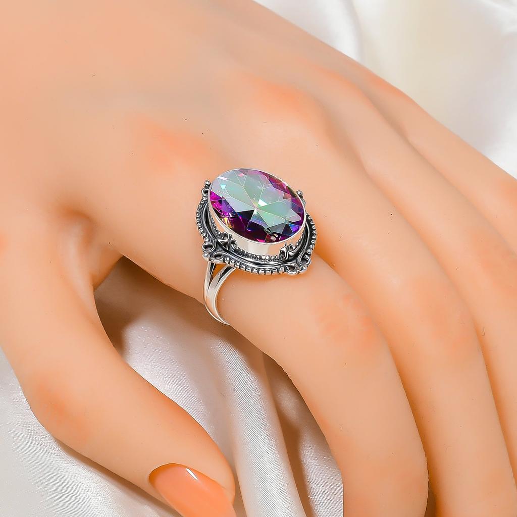 Кольцо Rainbow Mystic Fire Topaz из стерлингового серебра 925 пробы V6419, Радужное кольцо, Овальное кольцо, Подарок на День святого Валентина, Подарок для нее, Подарок на день рождения, Украшения ручной работы,