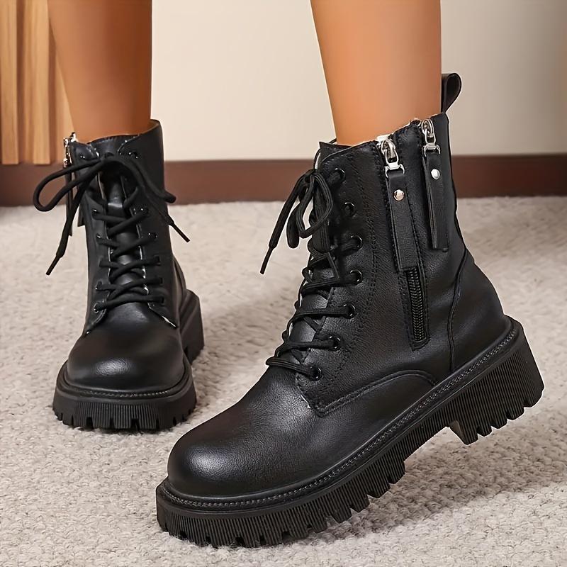 Mid Heel Platform Ankle Booties Women's Casual Ankle Booties Platform Lace-Up Boots Winter Round Toe Comfort Shoes