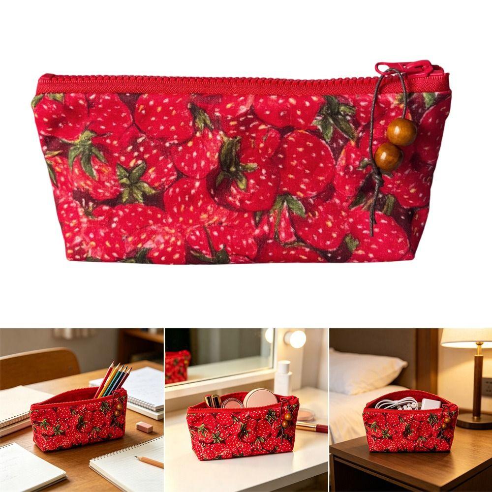 Zipper Design Pencil Case Strawberry Print Cosmetic Bag Trendy Makeup Pouch  School Supplies