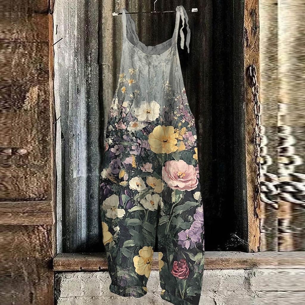 Женский комбинезон с цветочным принтом, повседневный свободный винтажный комбинезон из хлопка и льна