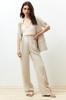 Women's Fashion Beige Ribbed Wide Leg Wide Leg Cotton Linen Woven Trousers