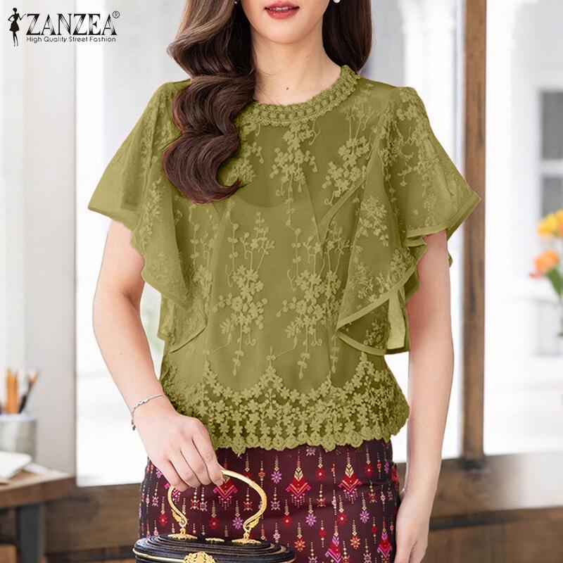 ZANZEA Women Casual Round Neck Short Sleeve Embroidery Lace Patchwork Blouse