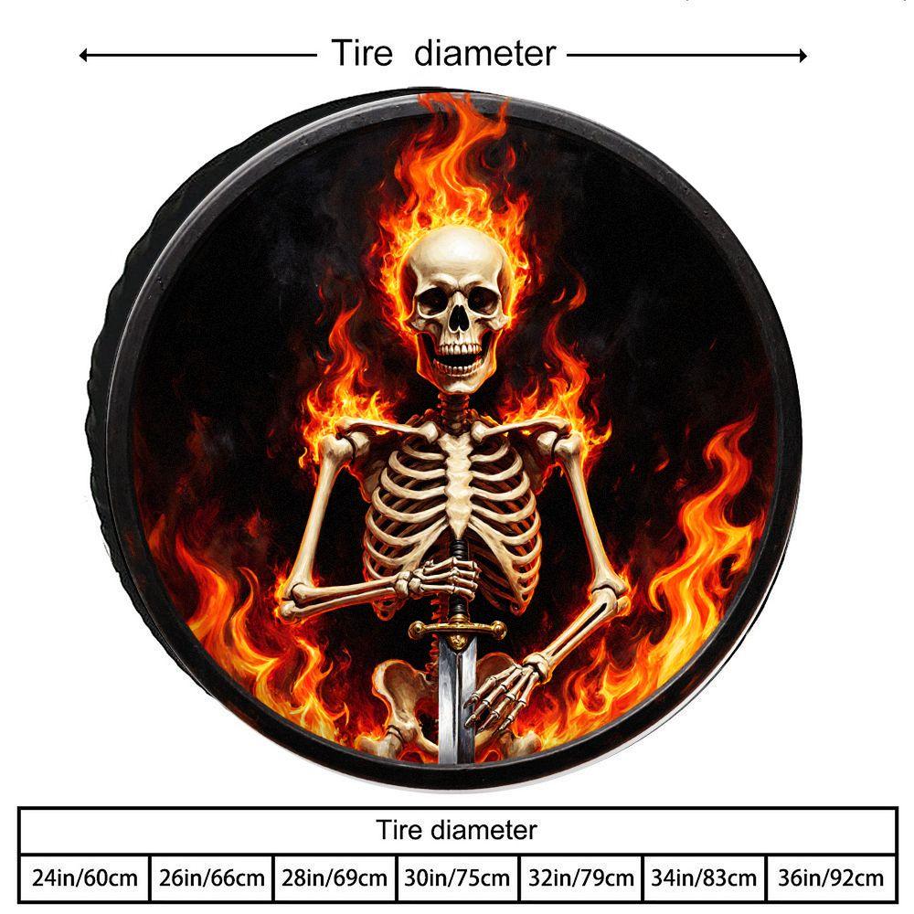 Tire Cover With A Terrifying Flame Skull Shield Design, Made Of Polyester Fiber, Suitable For Outdoor Camping Tire Protection. V
