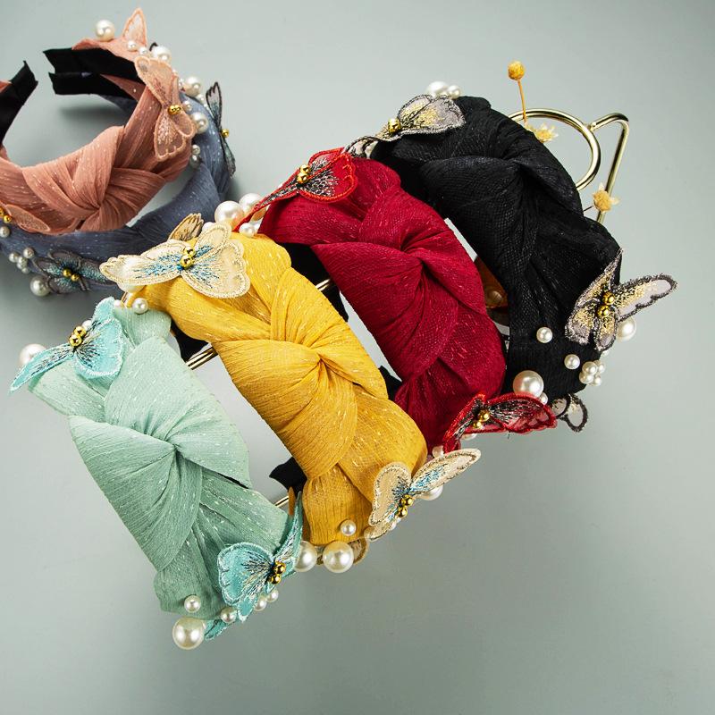 Женская кружевная повязка на голову для мытья лица с бабочкой и жемчугом, однотонная повязка на голову с широким краем и крестообразным узлом