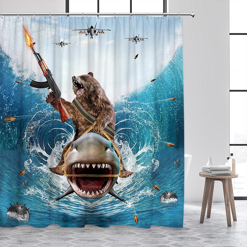 Funny Cat Riding Dinosaur Shower Curtain Cute Animal Surfboard Sea Waves Japanese Landscape Kids Bath Curtains Bathroom Decor