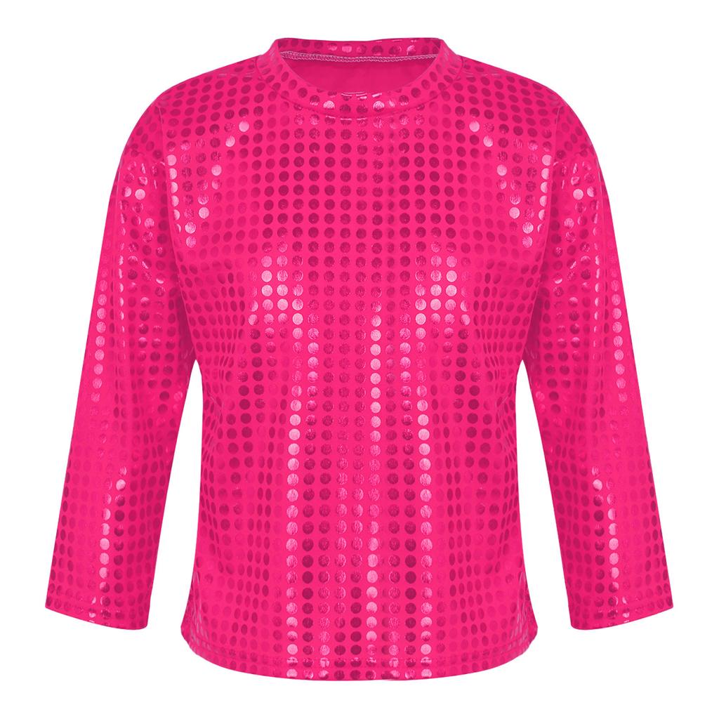 Boys Girls Stage Performance Top Long Sleeve Round Neck Glitter Sequins Solid Color Shirt for Dance Events