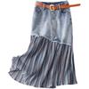 Light Blue Denim Cotton-wool Border Patchwork Pleated Nail Buckle High Waist Skirt Mid-skirt