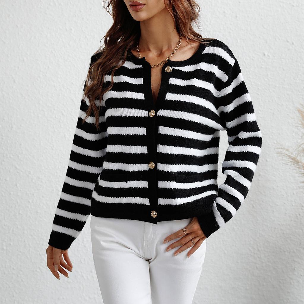 Women's Autumn And Winter Button Striped Knitted Cardigan Long Sleeve Sweater